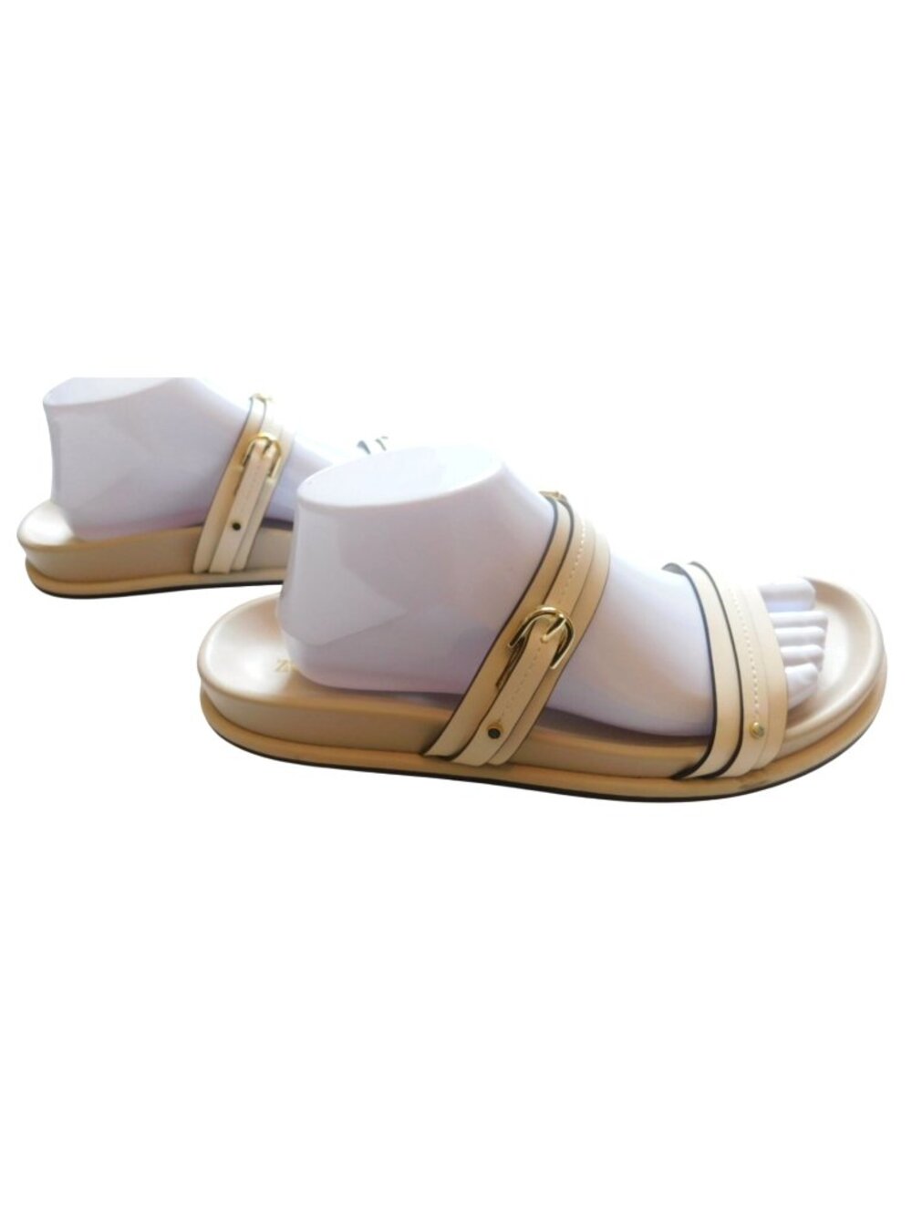 Zara Womens Cream Slide Sandals Gold Buckle Details Size 41 10  / 10.5 Coastal - Picture 4 of 7